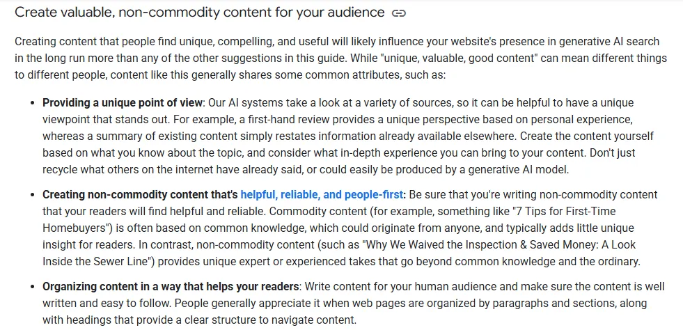 Google's own guideline on AI search and content optimisation