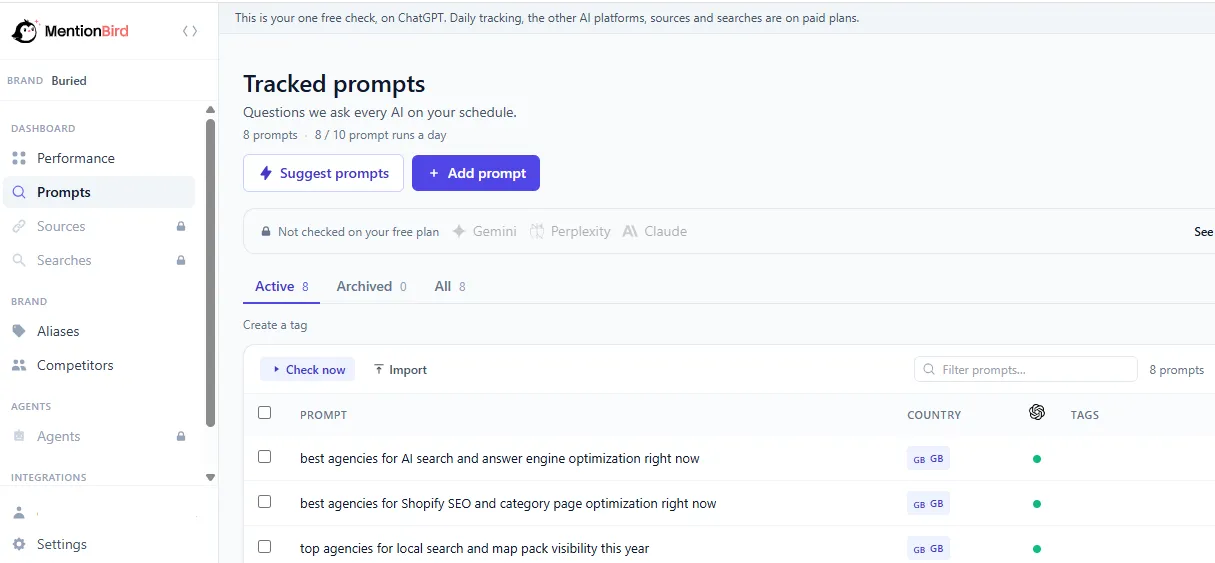 MentionBird’s prompt dashboard lets you organise tracked questions by country and tags, with options to suggest, add and import prompts.
