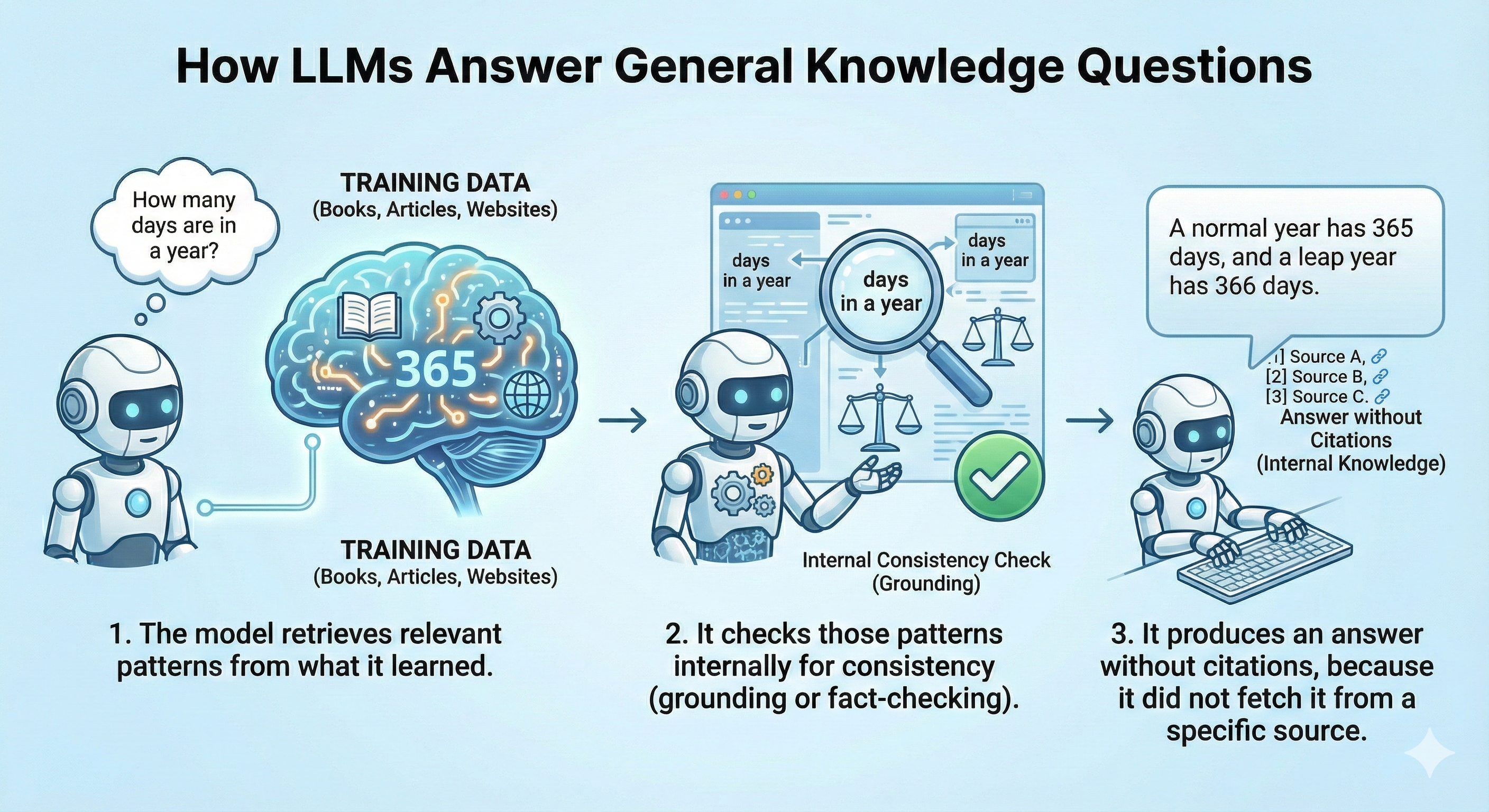 How LLMs answer general knowledge questions