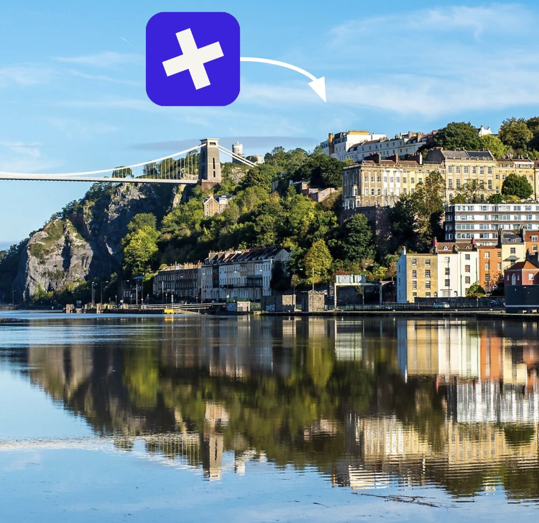The Clifton Suspension Bridge and the Clifton terraces above the Avon Gorge, with a marker showing where the Buried office sits in Clifton, Bristol