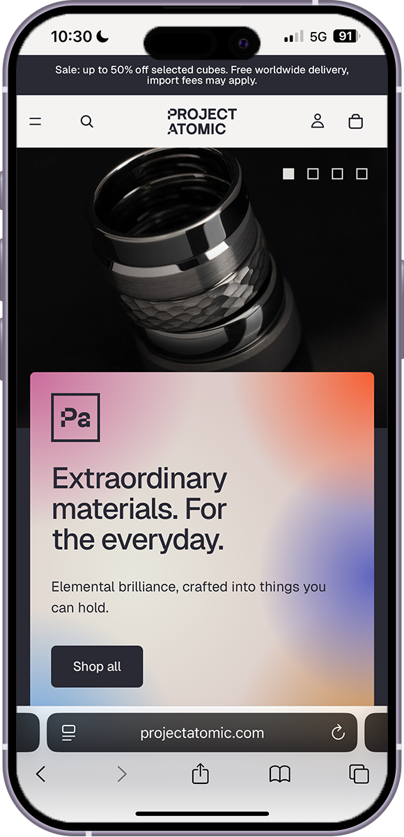 Project Atomic's Shopify store on a mobile phone