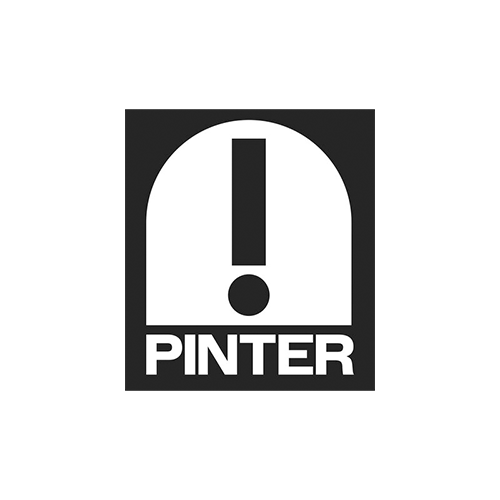 Pinter logo: black square with white arch and exclamation mark graphic above the word PINTER in bold white text.