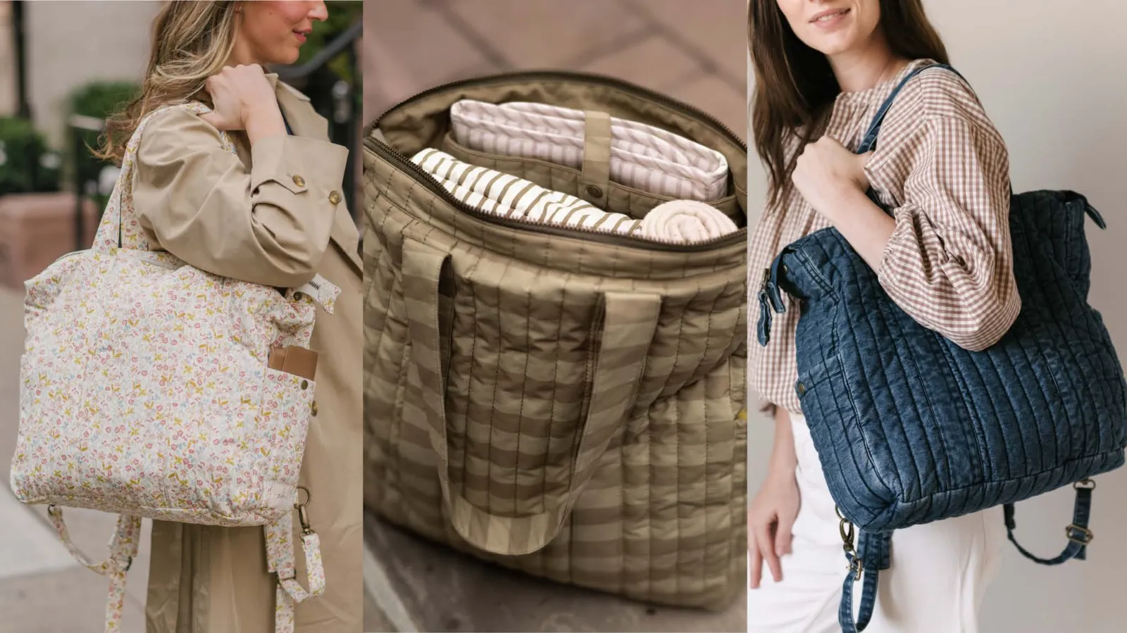 Lifestyle shot of Pehr Stroller Bag, Convertible Bag, and Weekender Bag together — natural light, outdoor setting, parent and child context.