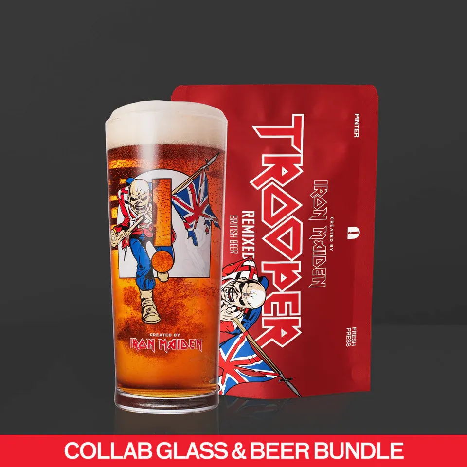 Product image: Iron Maiden Trooper Remixed Pinter pack with branded collaboration glass