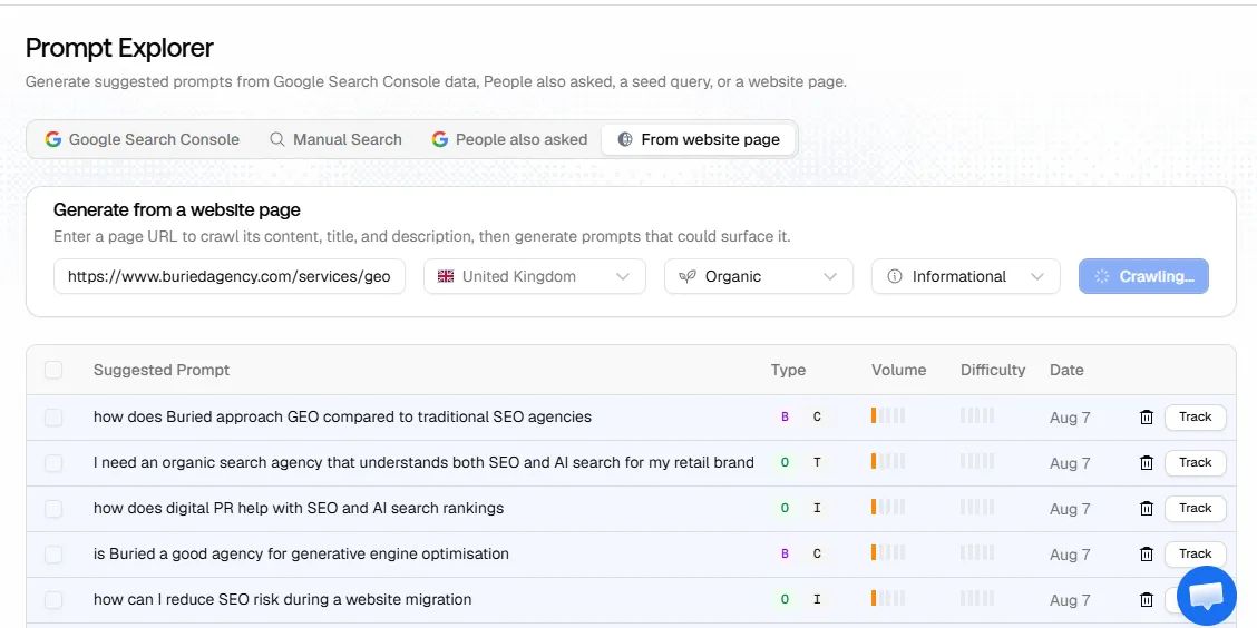 Promptwatch's Prompt Explorer lets you add prompts directly via a URL on your website, Google Search Console, Manual Search, and People also asked.