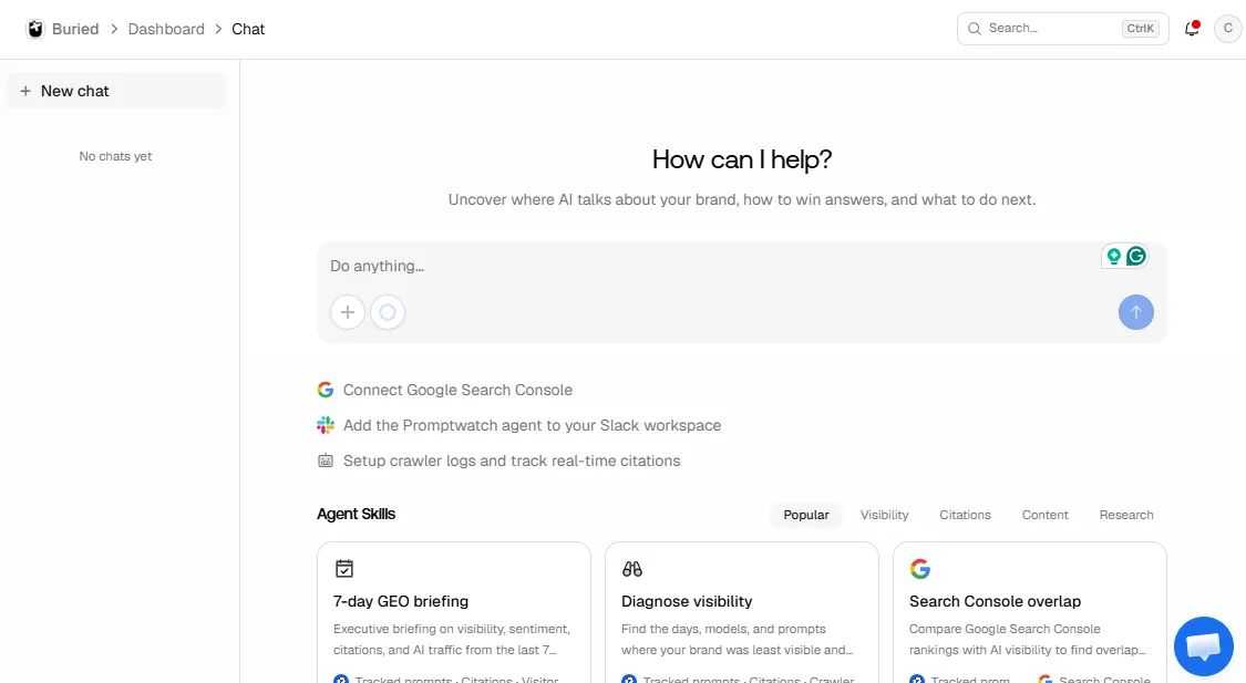 Promptwatch's Agent Chat feature helps build a visibility report, set up real-time citation tracking, look up sentiment risks, and much more.