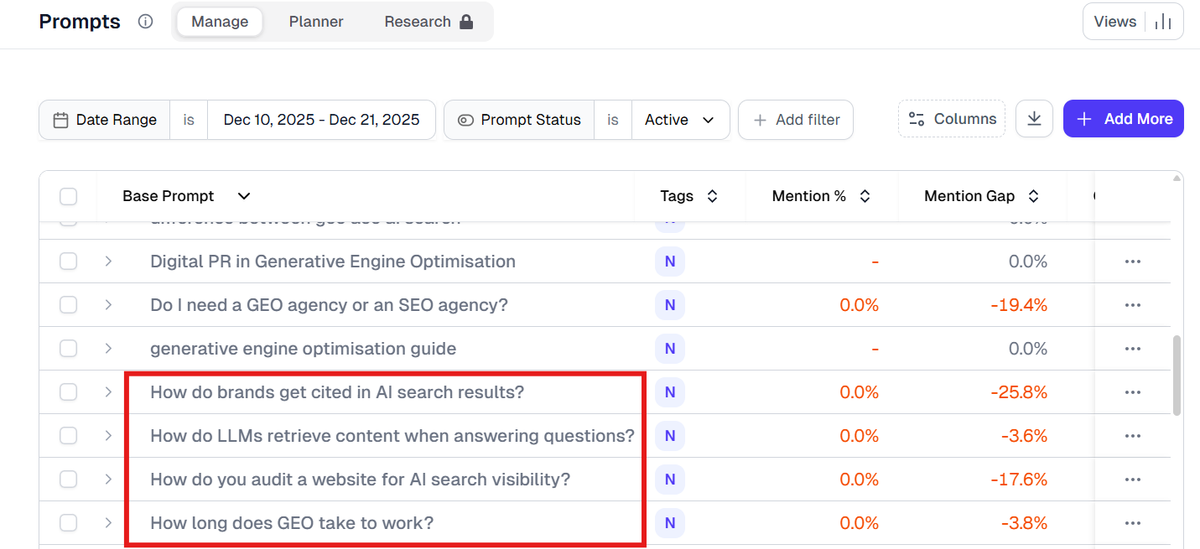 Tracking brand mentions against relevant prompts on GEO monitoring tool Athena