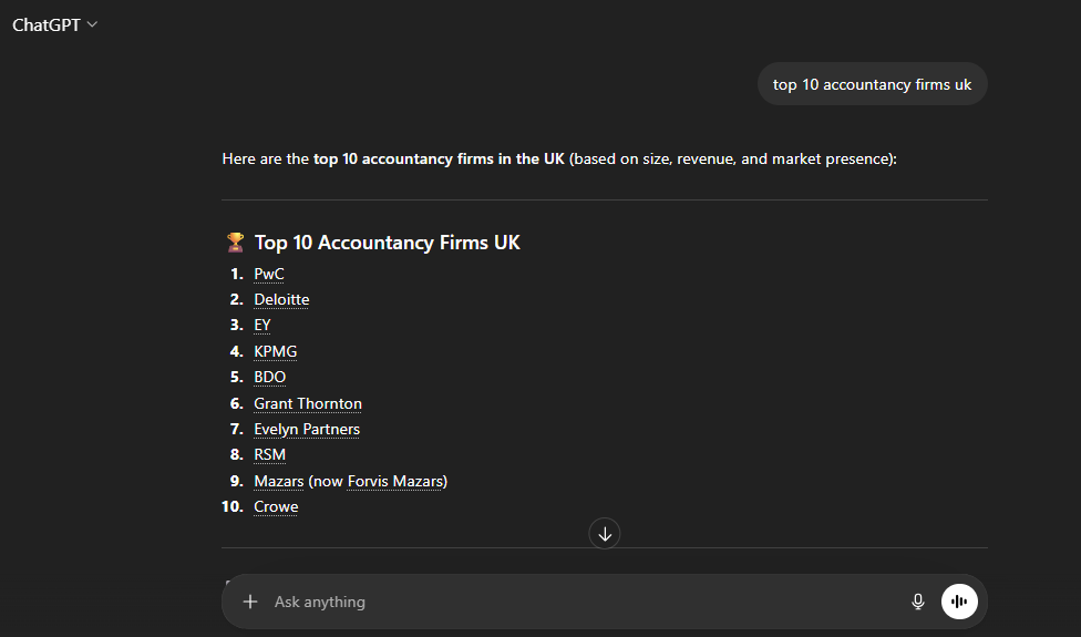 Example of an AI-generated answer listing recommendations