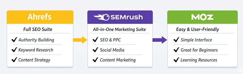 Ahrefs vs SEMrush vs Moz - comparison