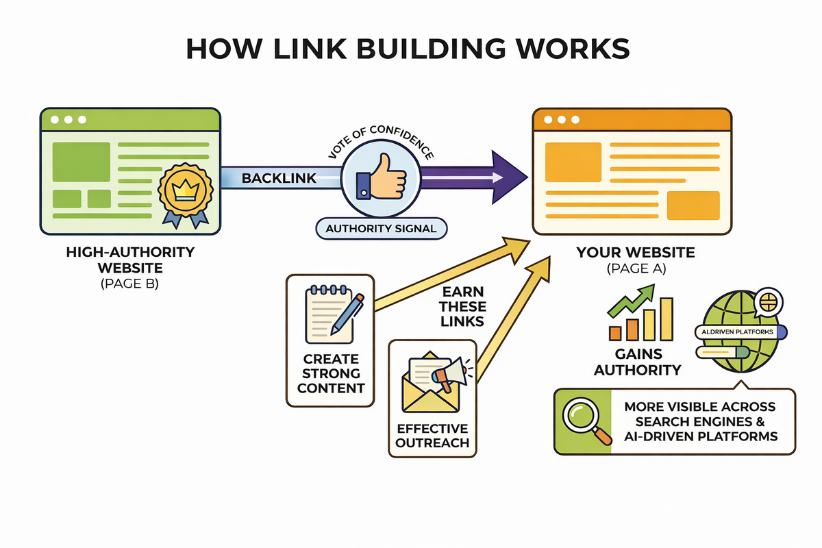 How link building works: a high-authority Page B links to Page A, passing an authority signal