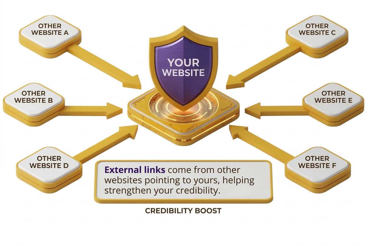External links come from other websites pointing to yours, strengthening credibility